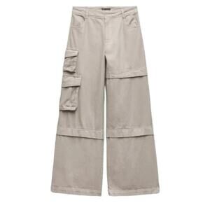 NWT ZARA 100% Cotton Extra Long Wide Leg Cargo Pants in Khaki  SZ 12